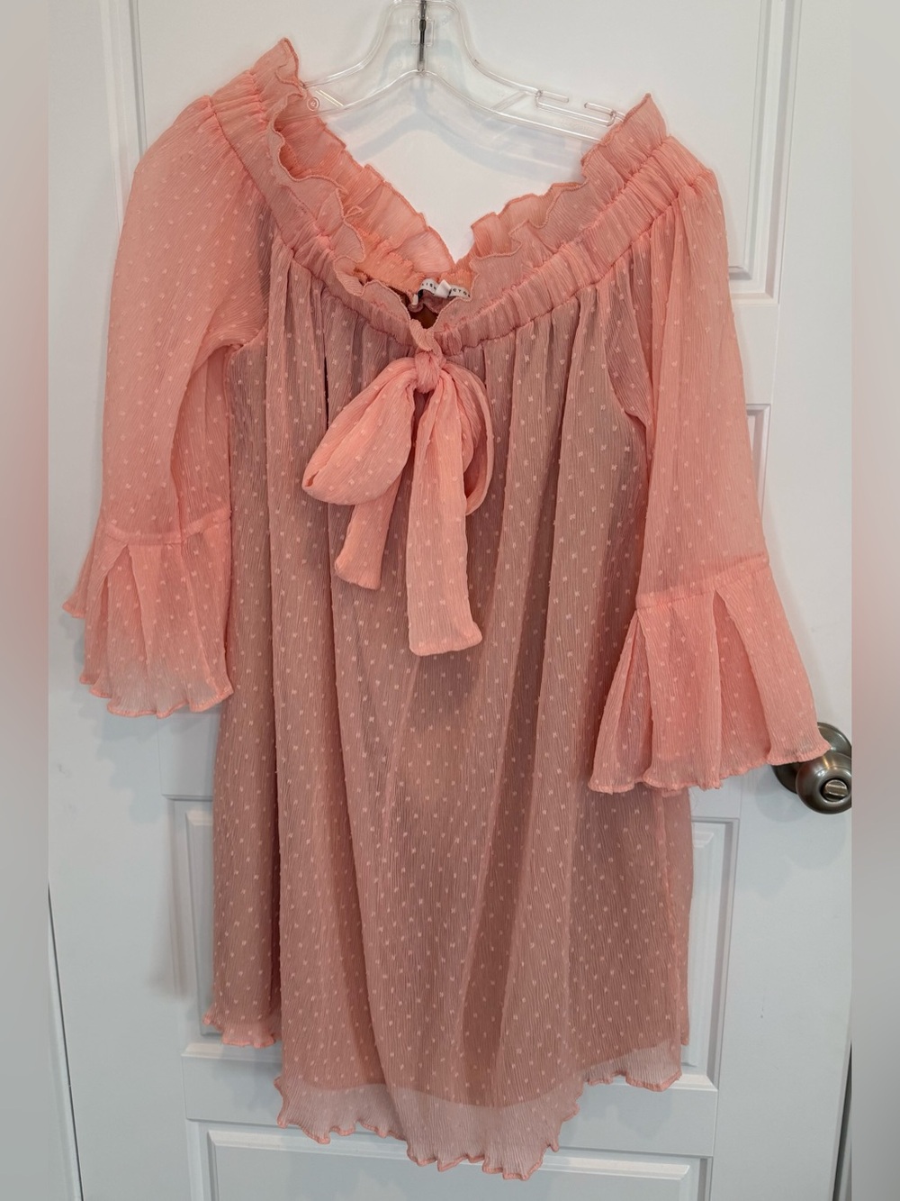 English Factory Women’s Medium Pink Bow Off The Shoulder Dress Bell Sleeves